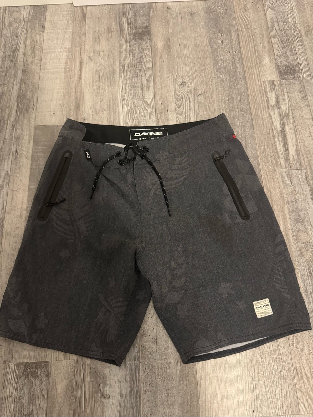 Dakine Men's Charcoal Gray Board Shorts with Subtle Leaf Print